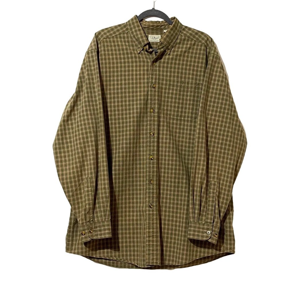 LL Bean men's size L-tall 100% cotton tan plaid long sleeve button down shirt - Picture 1 of 6
